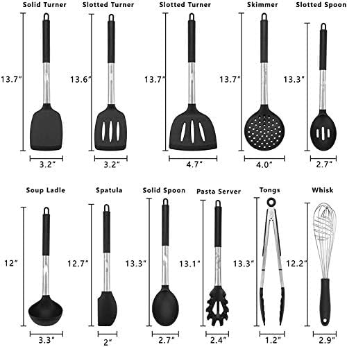Silicone Kitchen Utensils Set with Stainless Steel Handle, Turner Spatula Spoon Tongs Whisk Cooking Tools
