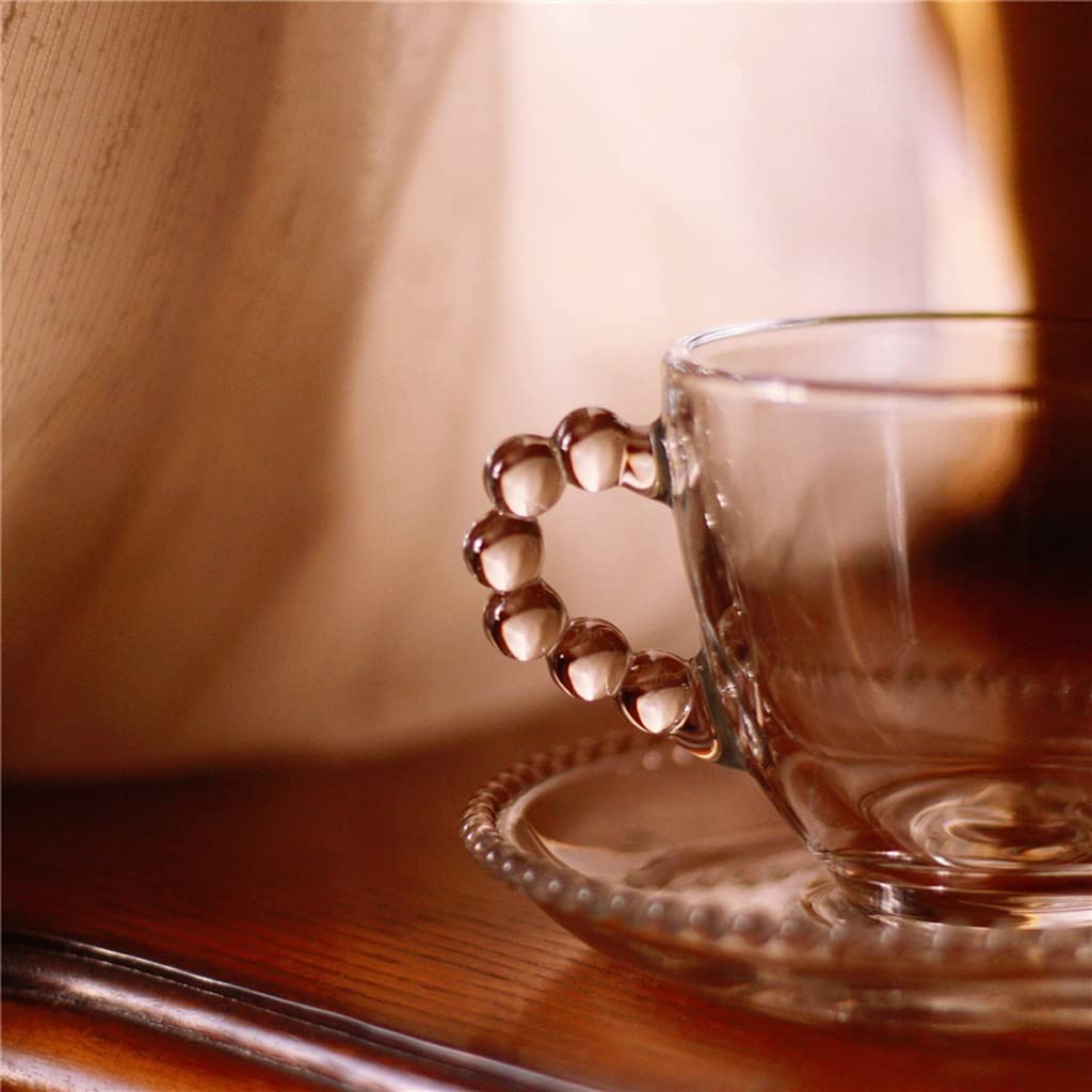 Yyuoqafn Clear Glass Mug Ball Bead Handle Glass Flower Tea Cup Vintage French Coffee Cup Saucer Set Coffee Mug Set