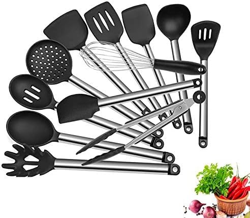 Silicone Kitchen Utensils Set with Stainless Steel Handle, Turner Spatula Spoon Tongs Whisk Cooking Tools