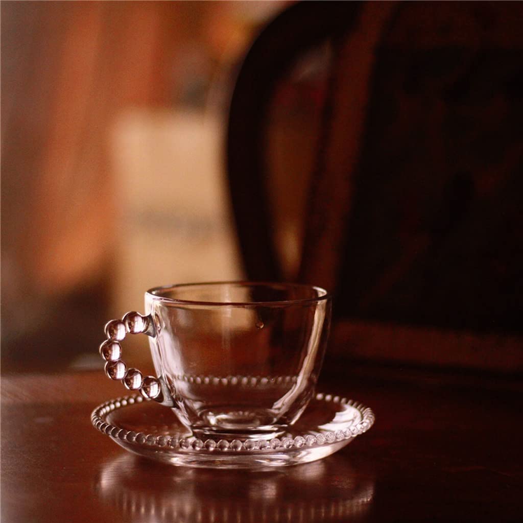 Yyuoqafn Clear Glass Mug Ball Bead Handle Glass Flower Tea Cup Vintage French Coffee Cup Saucer Set Coffee Mug Set