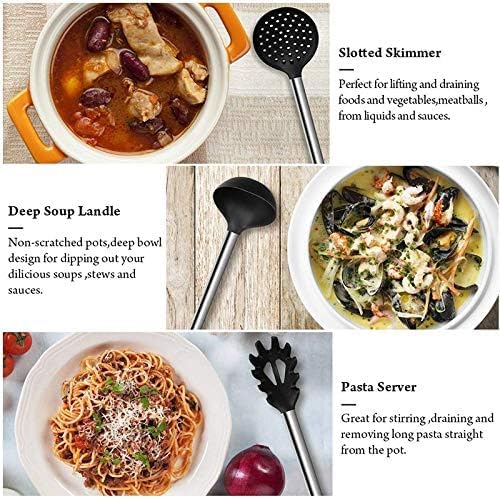Silicone Kitchen Utensils Set with Stainless Steel Handle, Turner Spatula Spoon Tongs Whisk Cooking Tools