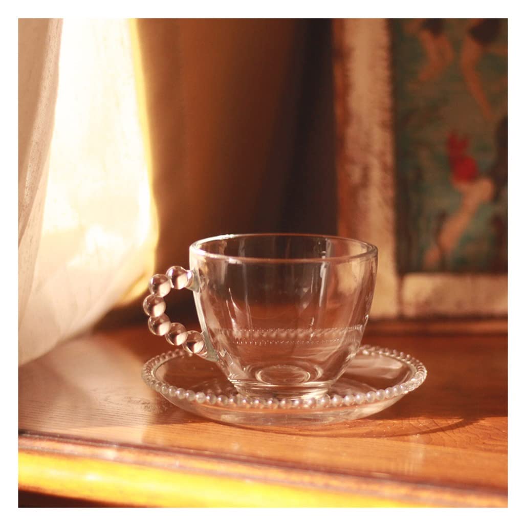 Yyuoqafn Clear Glass Mug Ball Bead Handle Glass Flower Tea Cup Vintage French Coffee Cup Saucer Set Coffee Mug Set