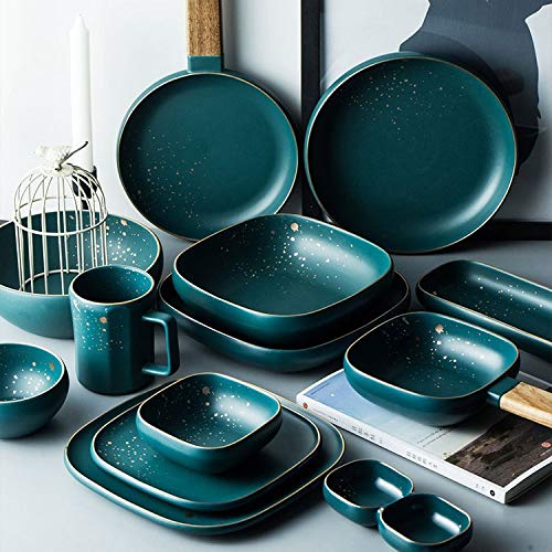 FMOPQ Fashion Retro Green Nordic Ceramic Tableware Set Dinnerware Set Bowl Plate Soup Bowl Set Modern Style High-end (Size : B33-piece set) (B23)