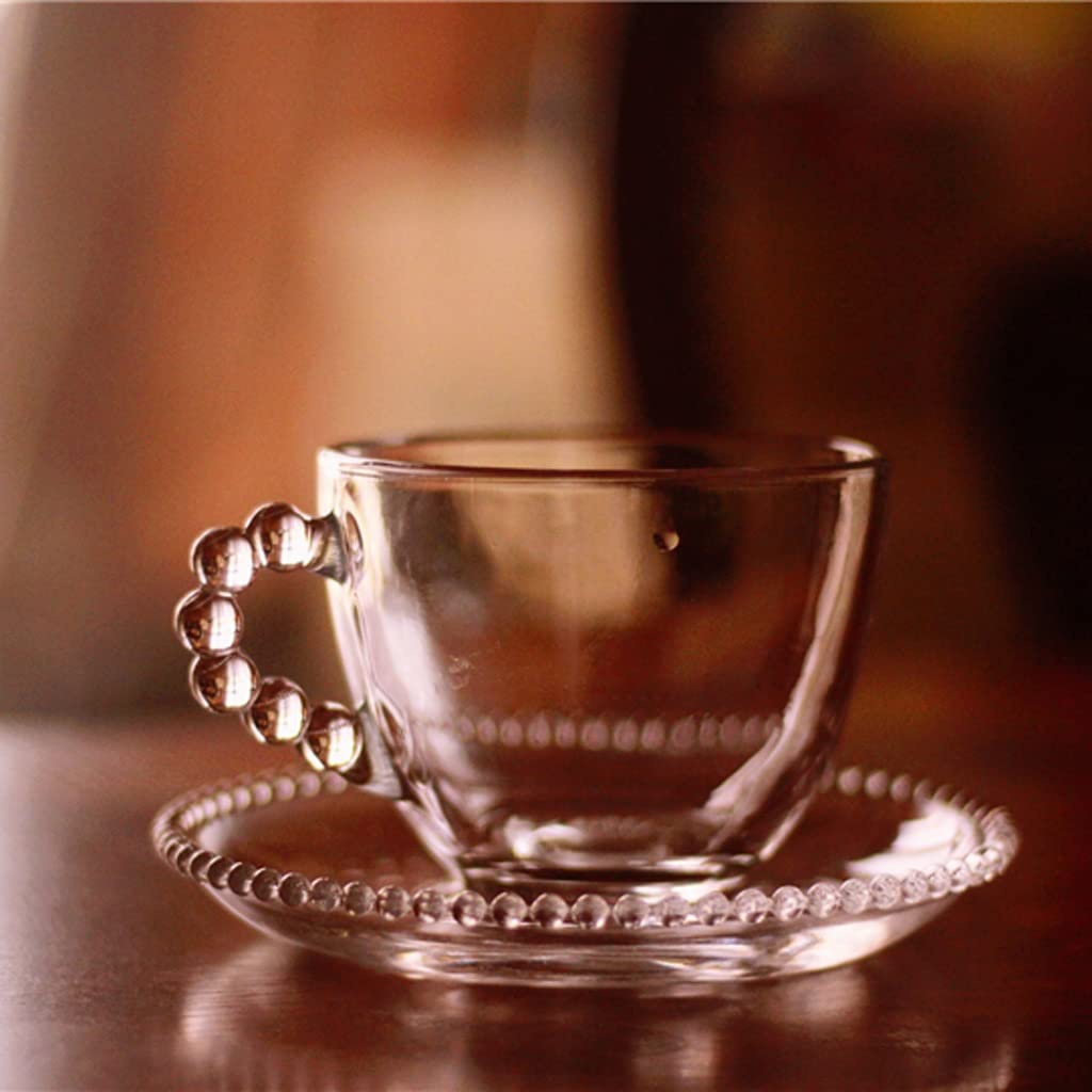 Yyuoqafn Clear Glass Mug Ball Bead Handle Glass Flower Tea Cup Vintage French Coffee Cup Saucer Set Coffee Mug Set