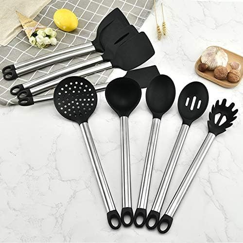 Silicone Kitchen Utensils Set with Stainless Steel Handle, Turner Spatula Spoon Tongs Whisk Cooking Tools