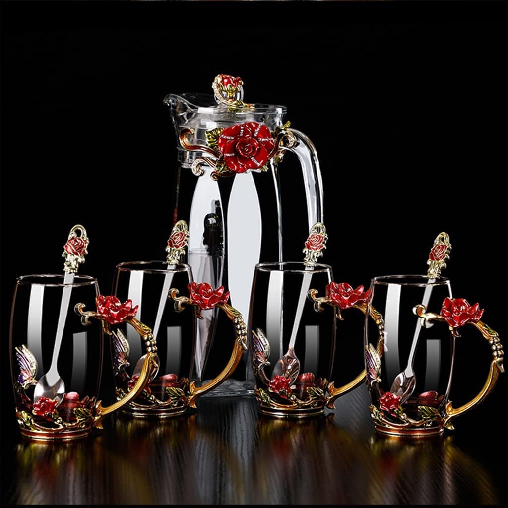 VSULZVNU Enamel Water Cup Kettle Set Flower Tea Cup Juice Cup Heat-Resistant Crystal Glass Coffee Cup with Spoon Cover Kitchenware