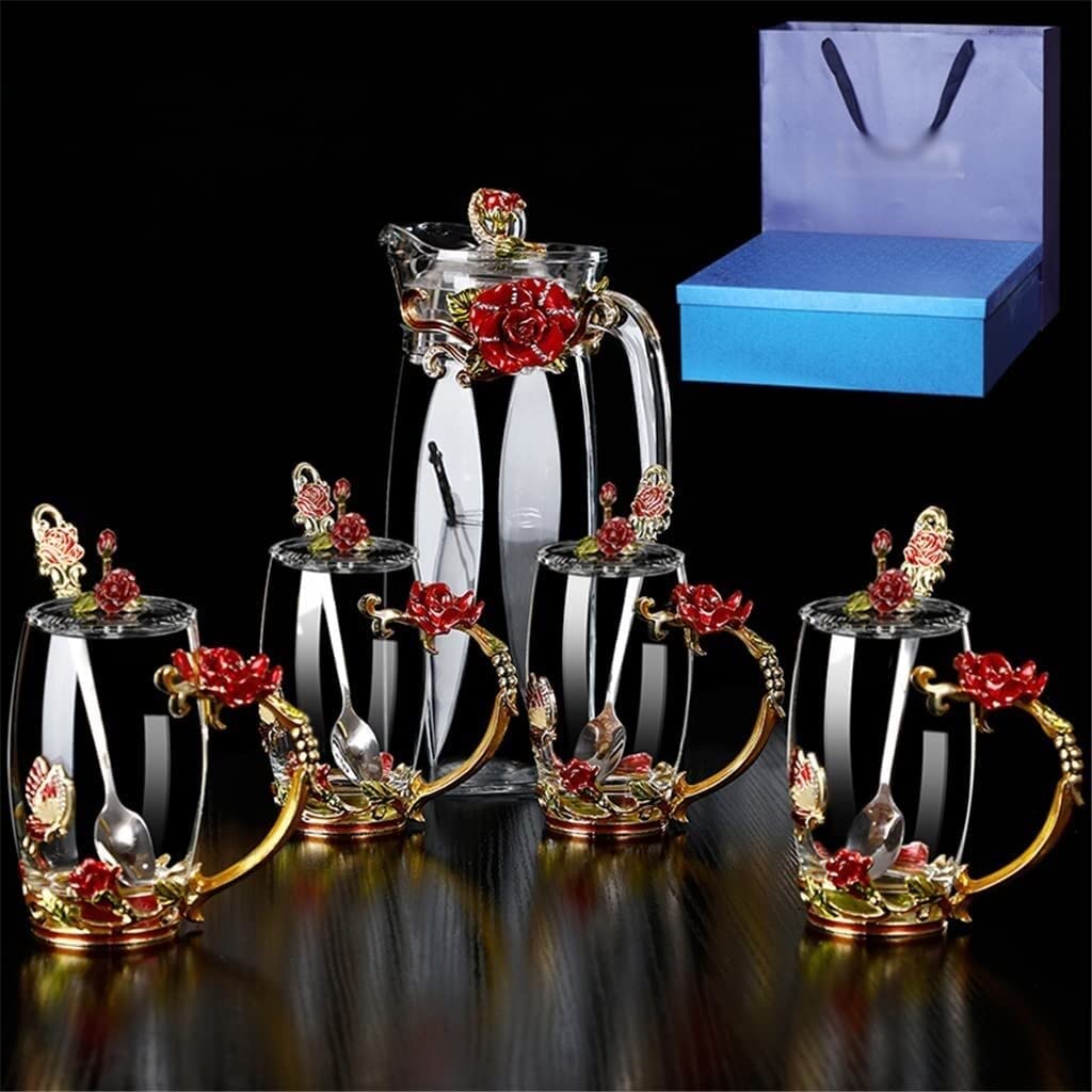 VSULZVNU Enamel Water Cup Kettle Set Flower Tea Cup Juice Cup Heat-Resistant Crystal Glass Coffee Cup with Spoon Cover Kitchenware