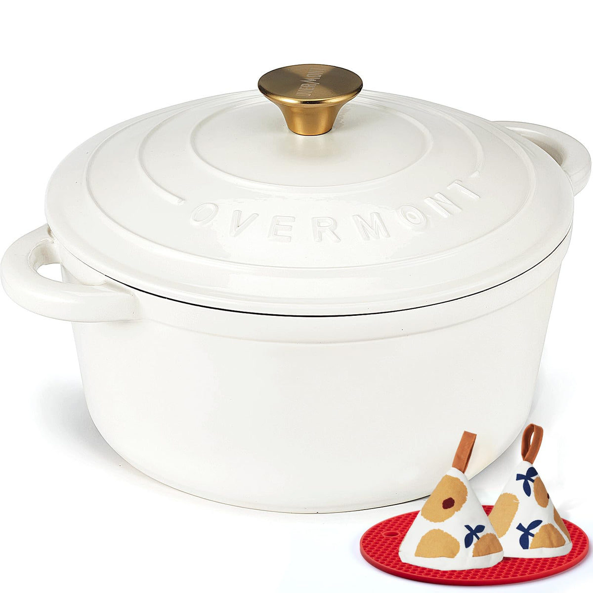 Overmont Enameled Cast Iron Dutch Oven - 5.5QT Pot with Lid Cookbook & Cotton Potholders - Heavy-Duty Cookware for Braising, Stews, Roasting, Bread Baking