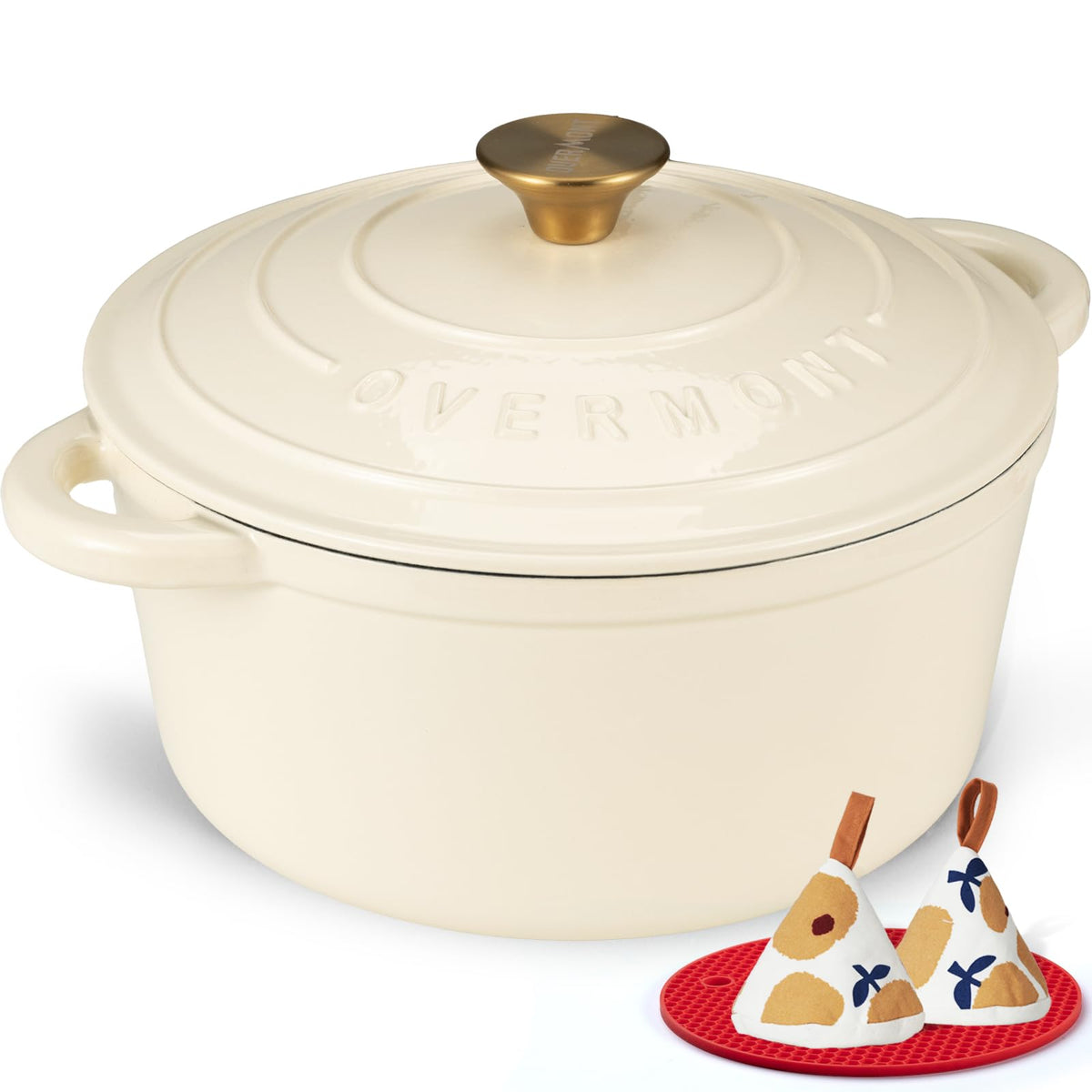 Overmont Enameled Cast Iron Dutch Oven - 5.5QT Pot with Lid Cookbook & Cotton Potholders - Heavy-Duty Cookware for Braising, Stews, Roasting, Bread Baking
