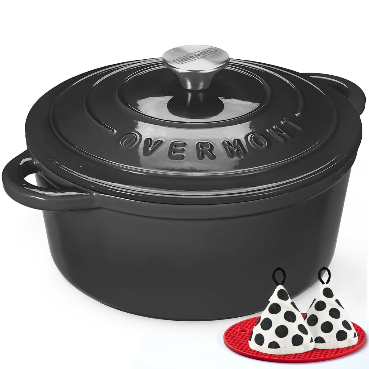 Overmont Enameled Cast Iron Dutch Oven - 5.5QT Pot with Lid Cookbook & Cotton Potholders - Heavy-Duty Cookware for Braising, Stews, Roasting, Bread Baking