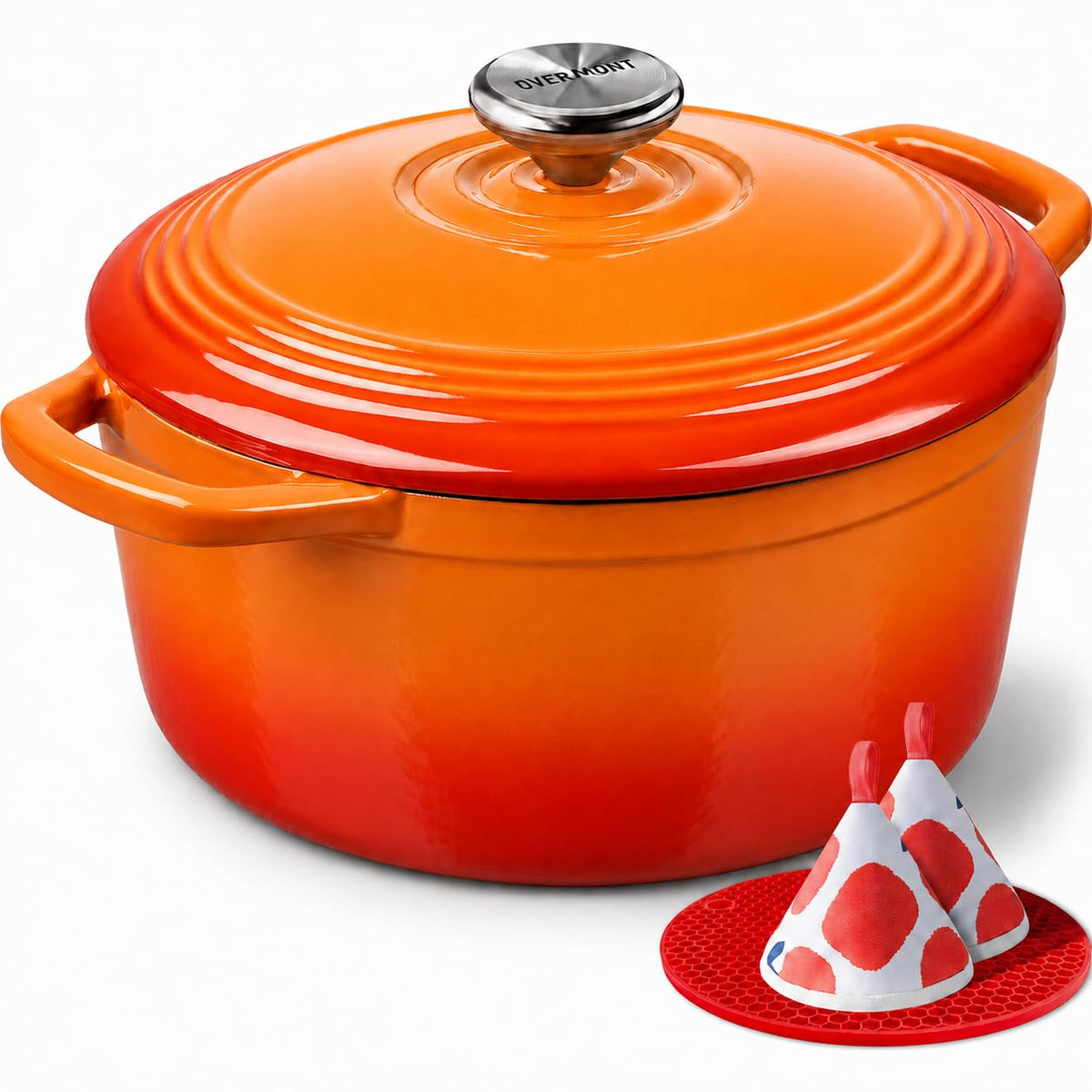 Overmont Enameled Cast Iron Dutch Oven - 5.5QT Pot with Lid Cookbook & Cotton Potholders - Heavy-Duty Cookware for Braising, Stews, Roasting, Bread Baking