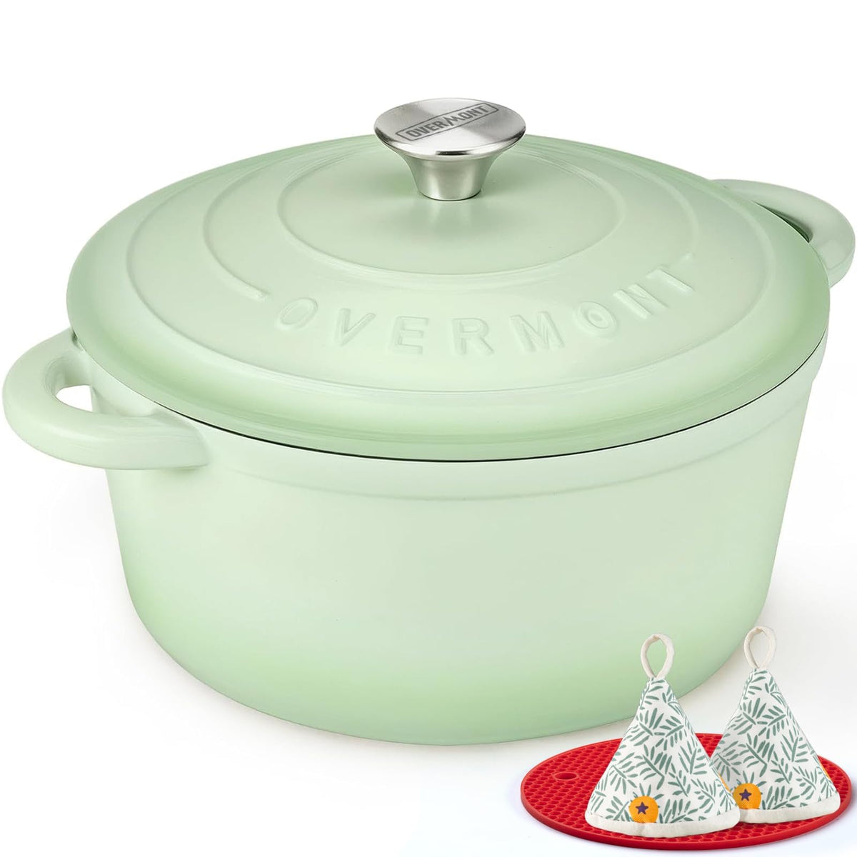 Overmont Enameled Cast Iron Dutch Oven - 5.5QT Pot with Lid Cookbook & Cotton Potholders - Heavy-Duty Cookware for Braising, Stews, Roasting, Bread Baking