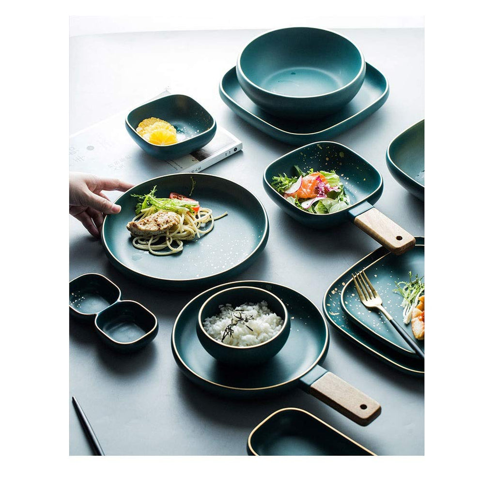 FMOPQ Fashion Retro Green Nordic Ceramic Tableware Set Dinnerware Set Bowl Plate Soup Bowl Set Modern Style High-end (Size : B33-piece set) (B23)