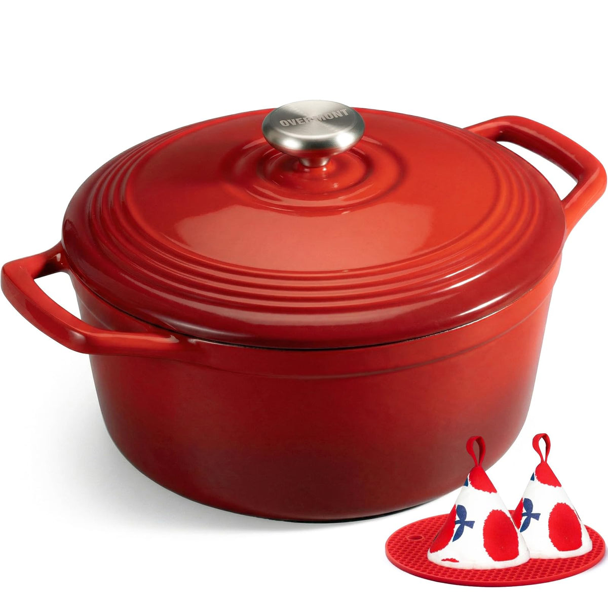 Overmont Enameled Cast Iron Dutch Oven - 5.5QT Pot with Lid Cookbook & Cotton Potholders - Heavy-Duty Cookware for Braising, Stews, Roasting, Bread Baking