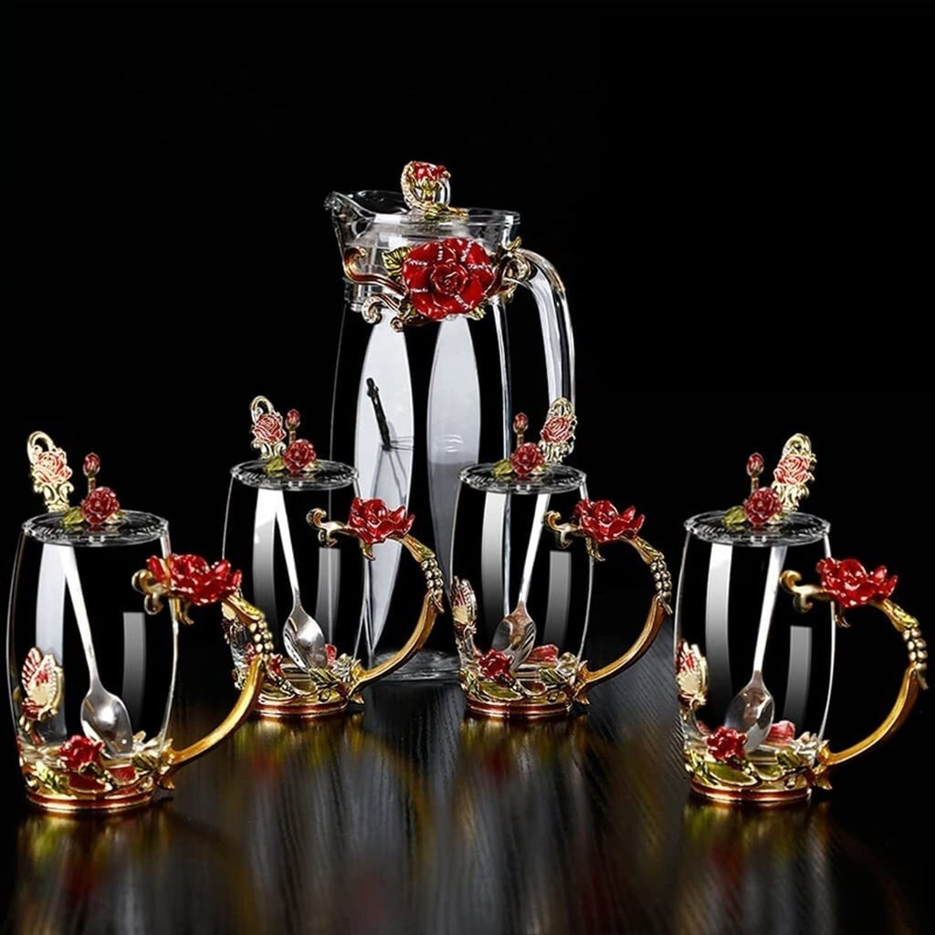 VSULZVNU Enamel Water Cup Kettle Set Flower Tea Cup Juice Cup Heat-Resistant Crystal Glass Coffee Cup with Spoon Cover Kitchenware