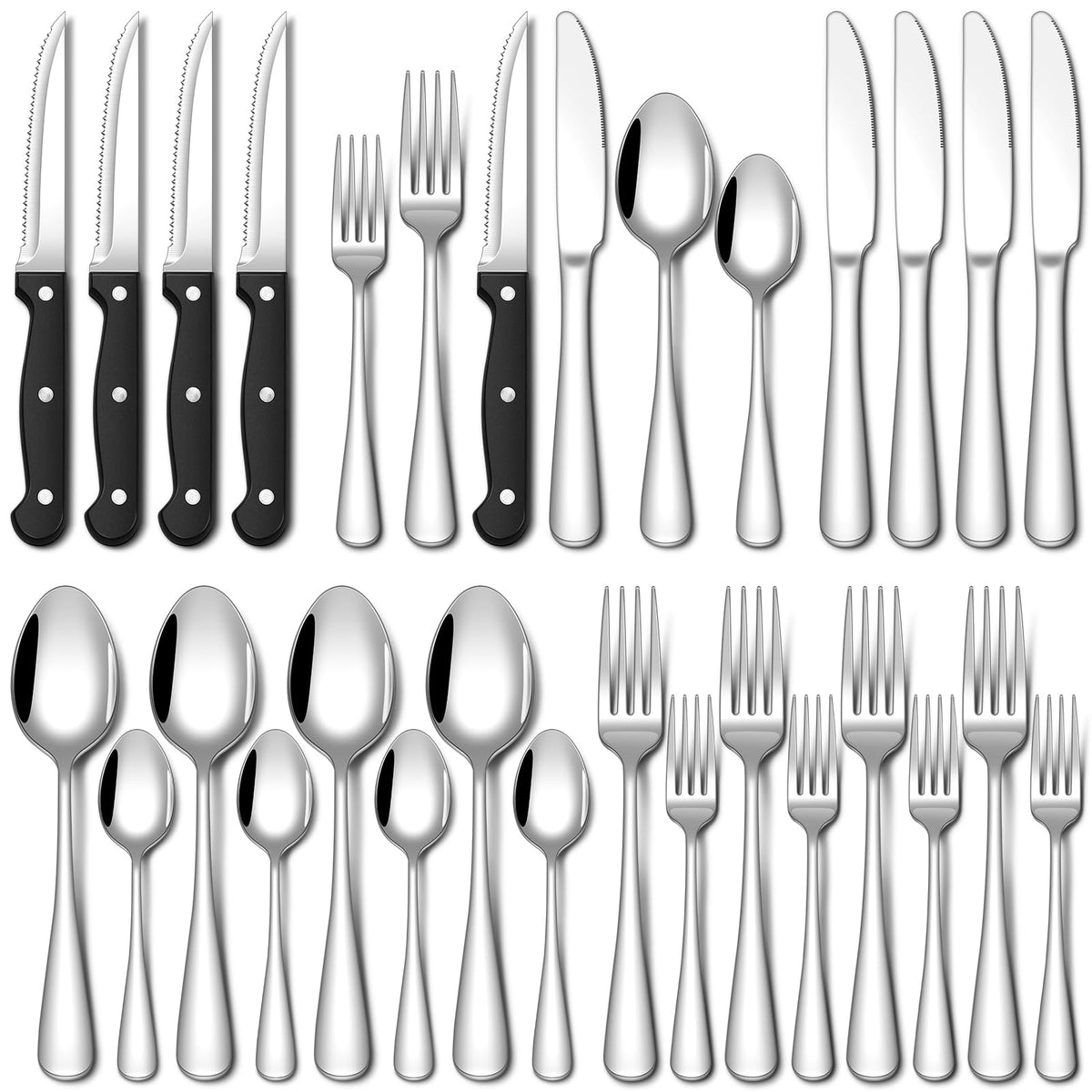 EUIRIO 24Pcs Silverware Set with Steak Knives, Flatware Cutlery Set for 4