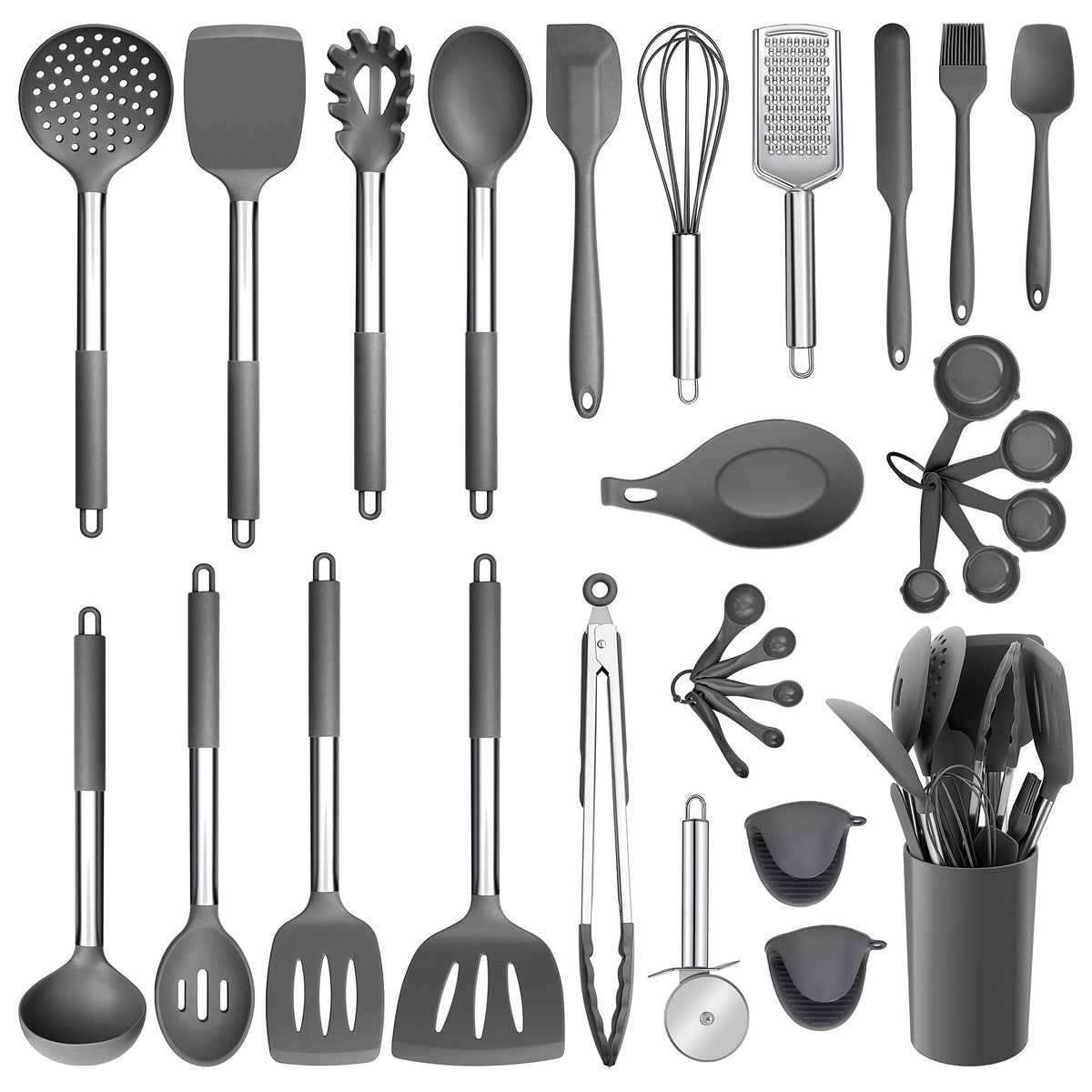 E-far 7/14/30 Pieces Black/Red/Gray/Khaki/White/Pink Silicone Kitchen Utensils Set