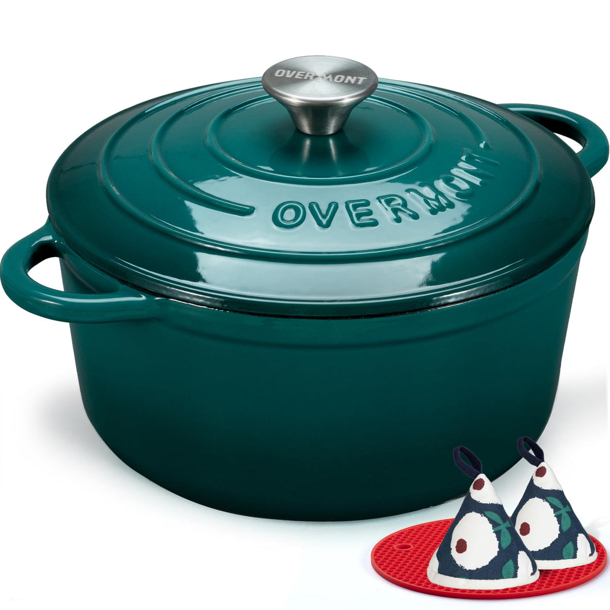 Overmont Enameled Cast Iron Dutch Oven - 5.5QT Pot with Lid Cookbook & Cotton Potholders - Heavy-Duty Cookware for Braising, Stews, Roasting, Bread Baking