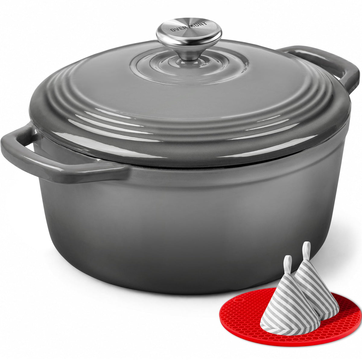 Overmont Enameled Cast Iron Dutch Oven - 5.5QT Pot with Lid Cookbook & Cotton Potholders - Heavy-Duty Cookware for Braising, Stews, Roasting, Bread Baking