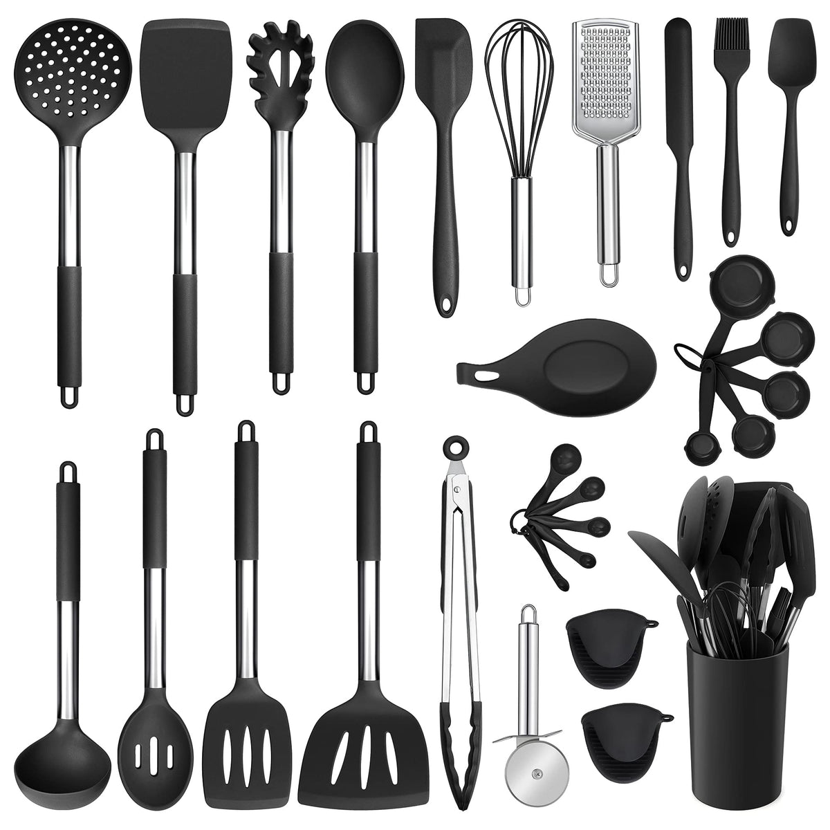 E-far 7/14/30 Pieces Black/Red/Gray/Khaki/White/Pink Silicone Kitchen Utensils Set
