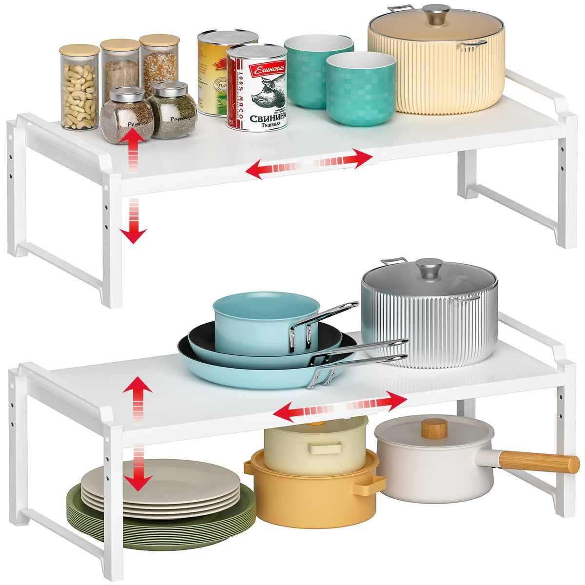2-Pack Expandable Adjustable Kitchen Cabinet Organizer Shelves