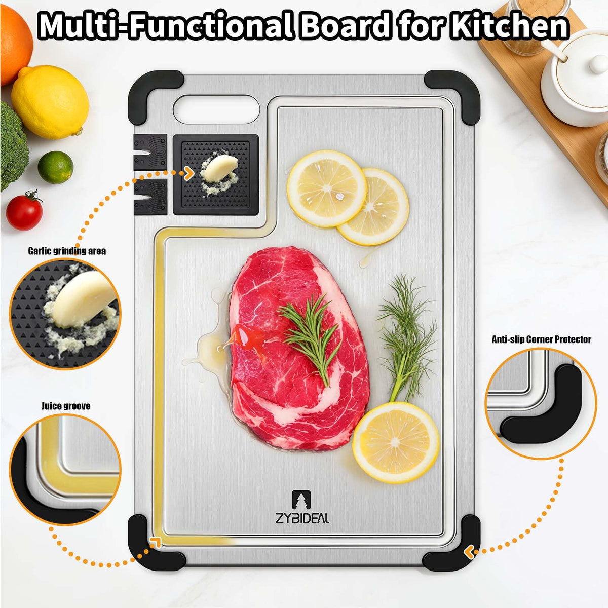 ZYBIDEAL 3 Pieces Pure Titanium Cutting Board, Sharpener with Juice Grooves