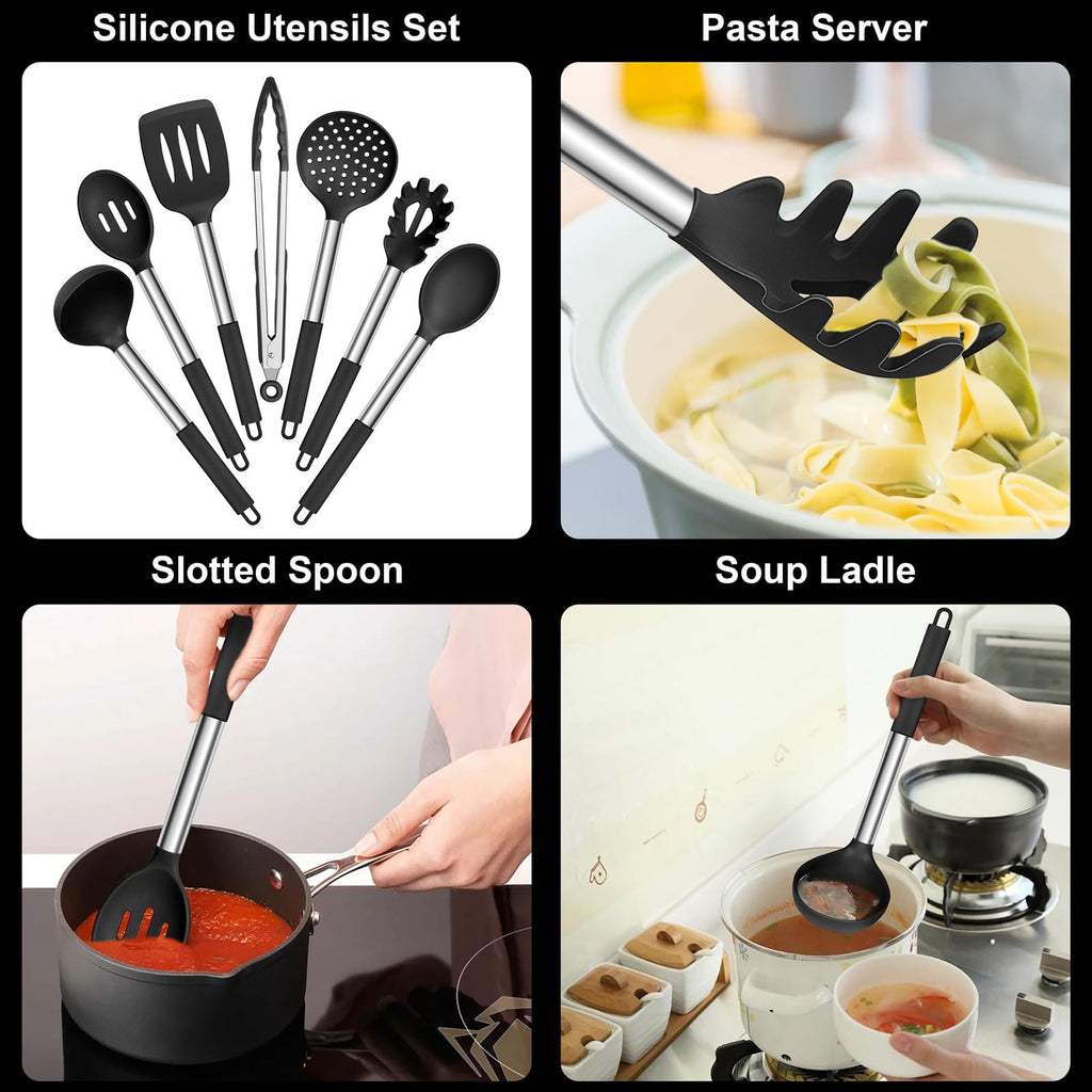 E-far 7/14/30 Pieces Black/Red/Gray/Khaki/White/Pink Silicone Kitchen Utensils Set