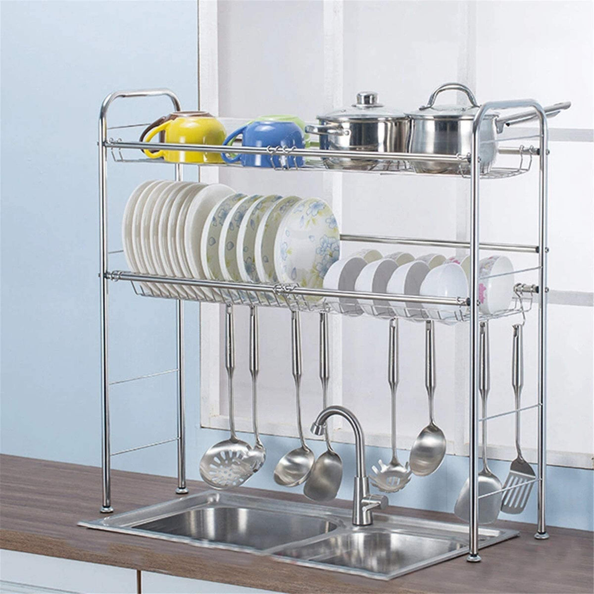 Dish Drying Rack 2 Tiers Stainless Steel Dishes Rack Dual Sink Drain Rack Adjustable Multi-use Kitchen Organizer Rack Dish Shelf Sink Drying Rack for Home or Apartments Pot lid rac