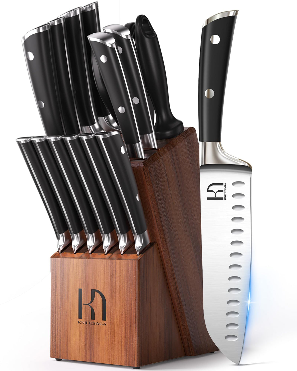 Knife Set, Premium 15 Piece Japanese High Carbon Stainless Steel Knives Set for Kitchen with Block and Sharpener, Razor Sharp Kitchen Knife Block Sets with Ergonomic Full-tang Handle