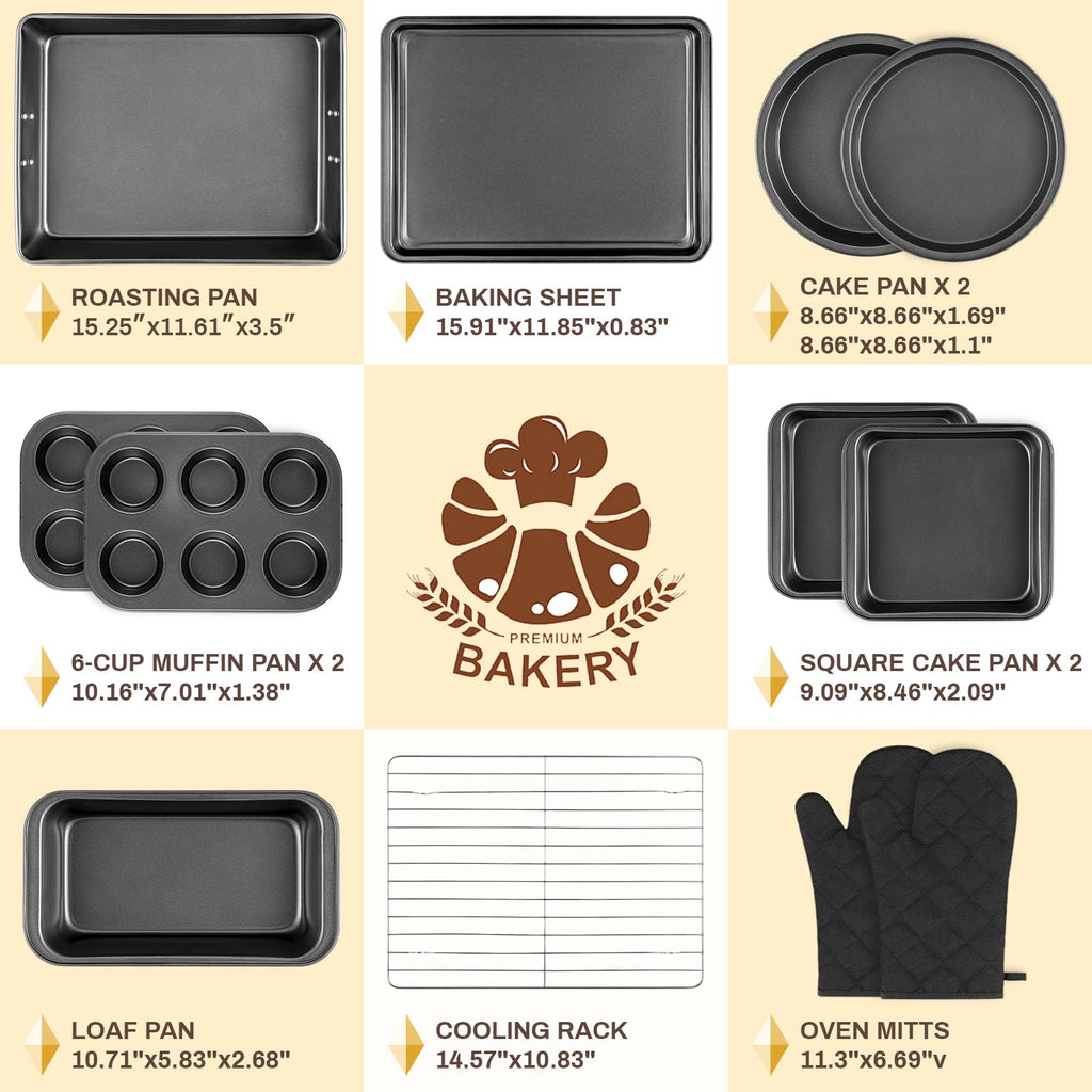 Gymdin 12PCS Nonstick Bakeware Set, Non-Toxic Carbon Steel Baking Pans Set with Wider Grip, Includes Roasting Pan, Cookie Sheet, Cake Pans, Muffin Pans, Cooling Rack, Oven Mitts, Easy Release