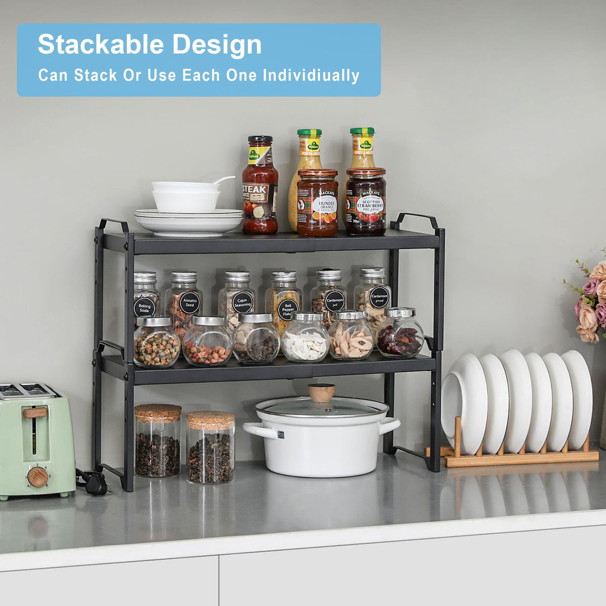 2-Pack Expandable Adjustable Kitchen Cabinet Organizer Shelves