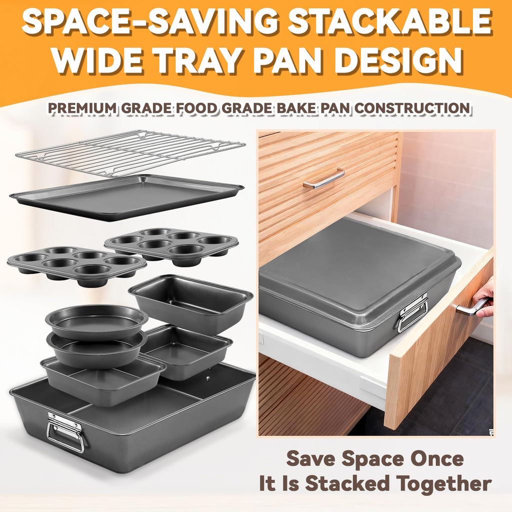 Gymdin 12PCS Nonstick Bakeware Set, Non-Toxic Carbon Steel Baking Pans Set with Wider Grip, Includes Roasting Pan, Cookie Sheet, Cake Pans, Muffin Pans, Cooling Rack, Oven Mitts, Easy Release