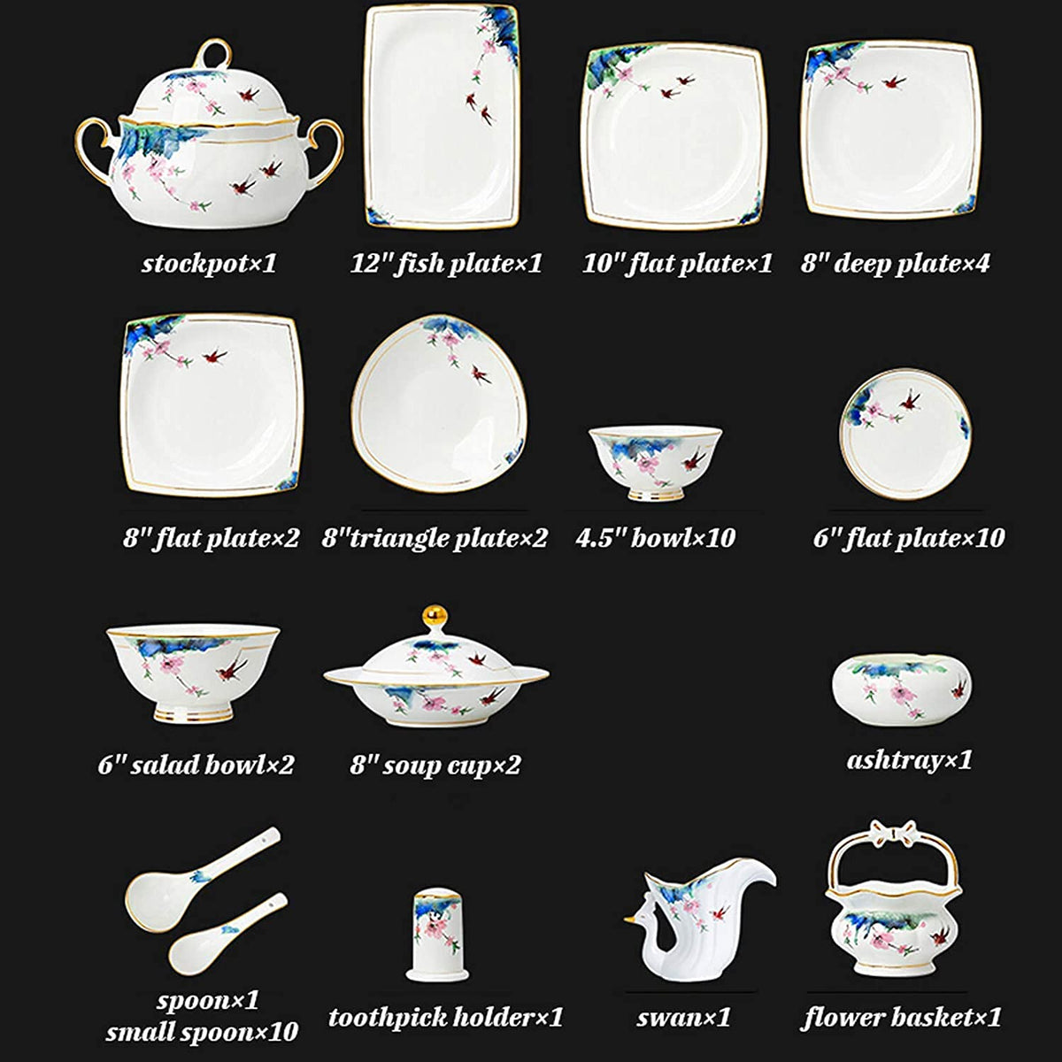 EAGLCQA Ceramics Dinner Set, Soup Pot/Plate/Bowl Combination Set | 50 Pieces High-Grade Bone China Porcelain Dinnerware Sets for Wedding Gifts