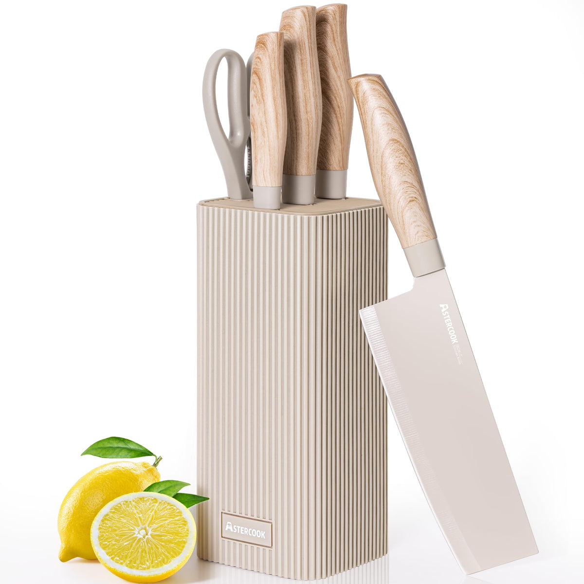 Astercook Knife Set, 6-Piece Kitchen Knife Set with Block, High Carbon Stainless Steel Ultra Sharp Kitchen Knives, Wood Grain Handle, Dishwasher Safe Knife Block Set, Black