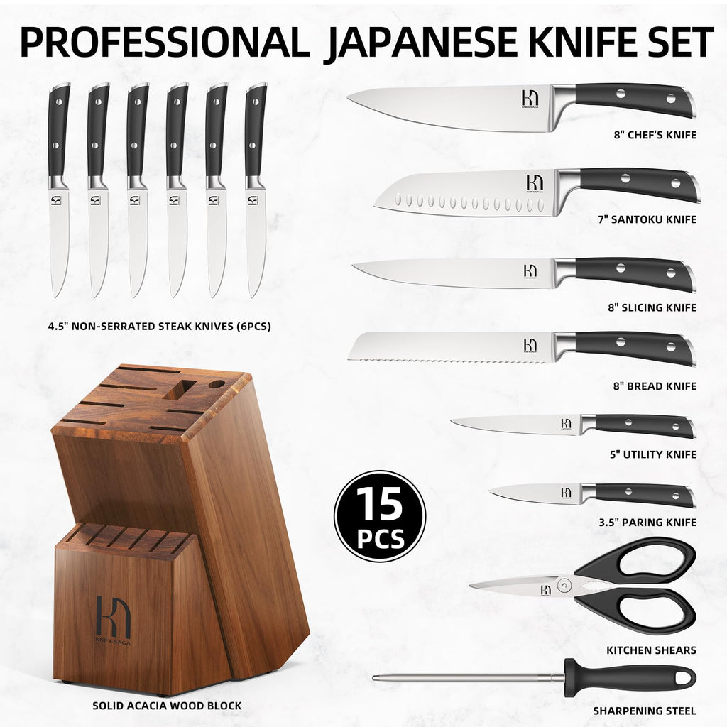 Knife Set, Premium 15 Piece Japanese High Carbon Stainless Steel Knives Set for Kitchen with Block and Sharpener, Razor Sharp Kitchen Knife Block Sets with Ergonomic Full-tang Handle