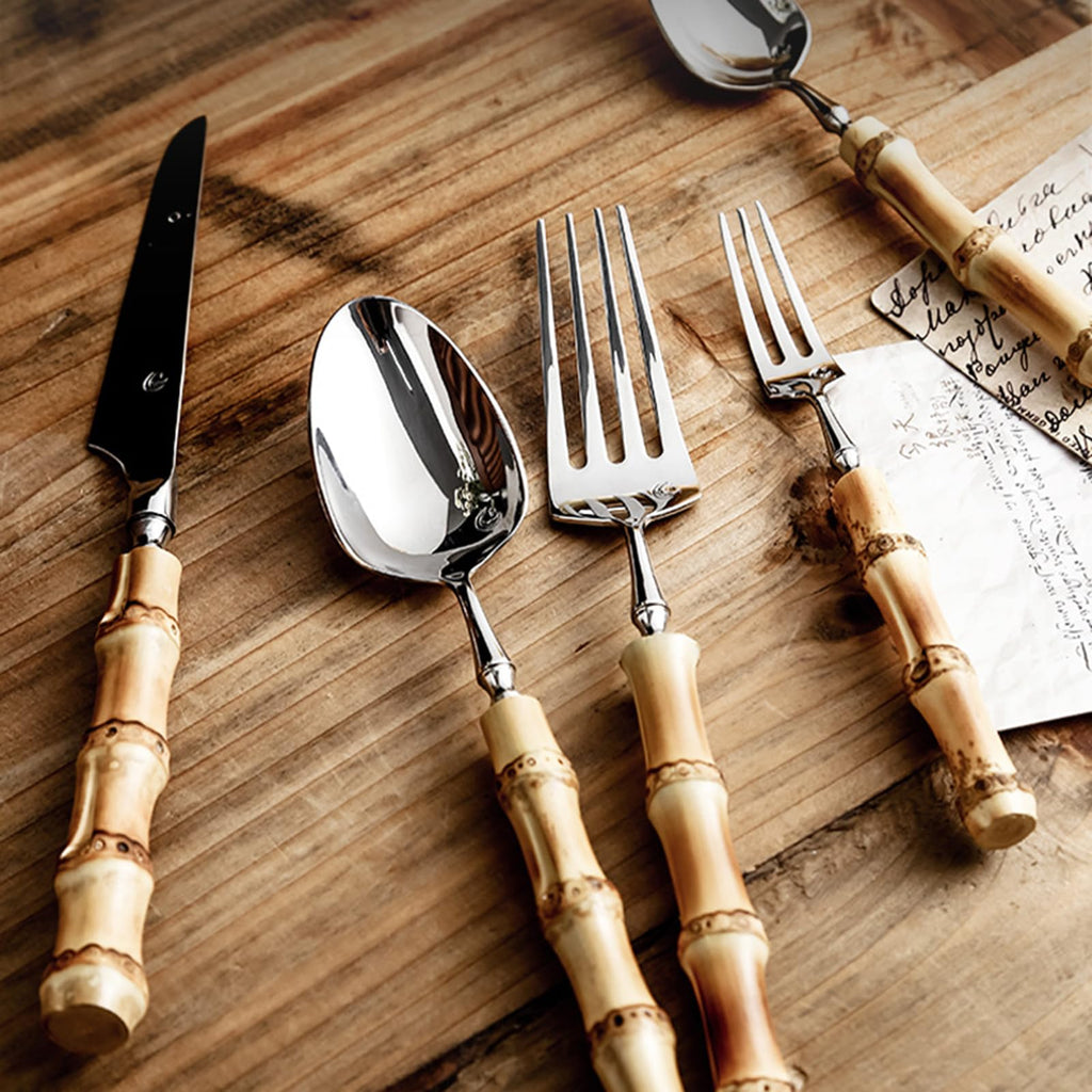 Cutlery set Stainless Steel Knife Fork, Bamboo Knives Forks 20 ltems for 4 Persons Silverware Set，Stainless Flatware Sets Steak