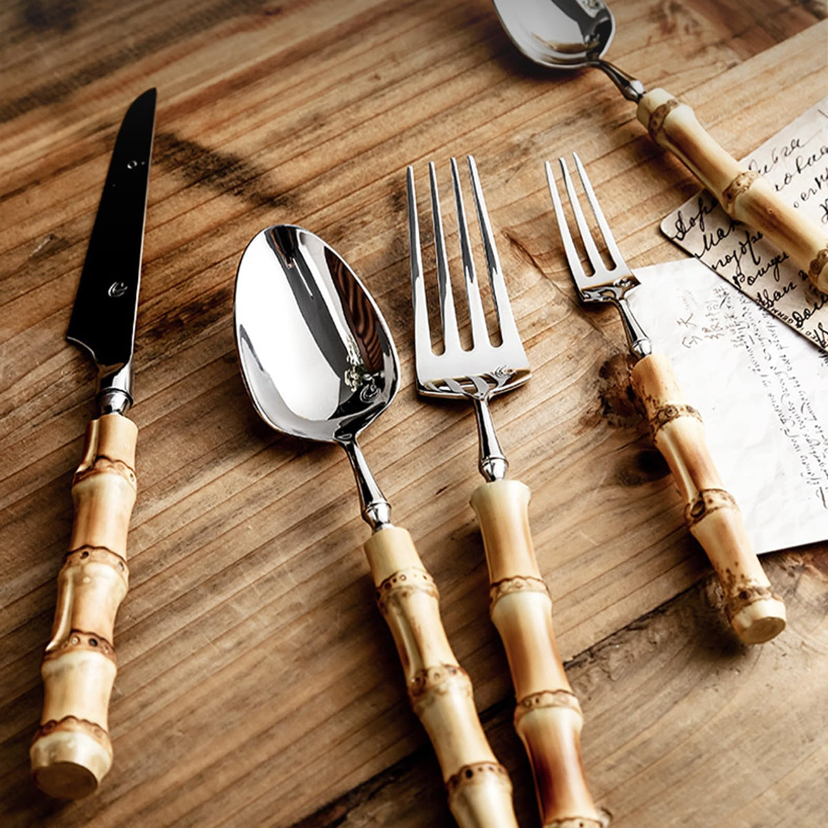 Cutlery set Stainless Steel Knife Fork, Bamboo Knives Forks 20 ltems for 4 Persons Silverware Set，Stainless Flatware Sets Steak
