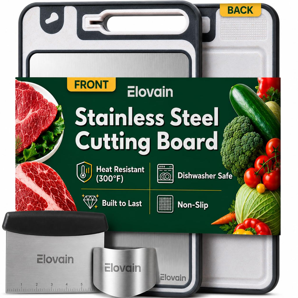 Stainless Steel Cutting Board with knife sharpner, Bench Scraper, Non-toxic