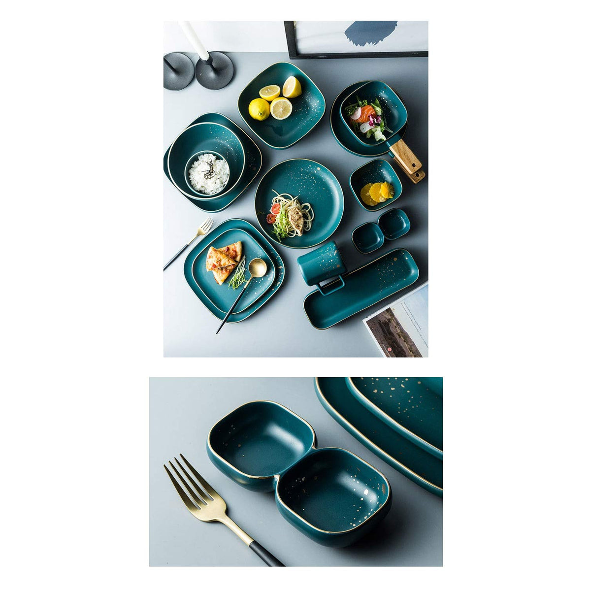 FMOPQ Fashion Retro Green Nordic Ceramic Tableware Set Dinnerware Set Bowl Plate Soup Bowl Set Modern Style High-end (Size : B33-piece set) (B23)