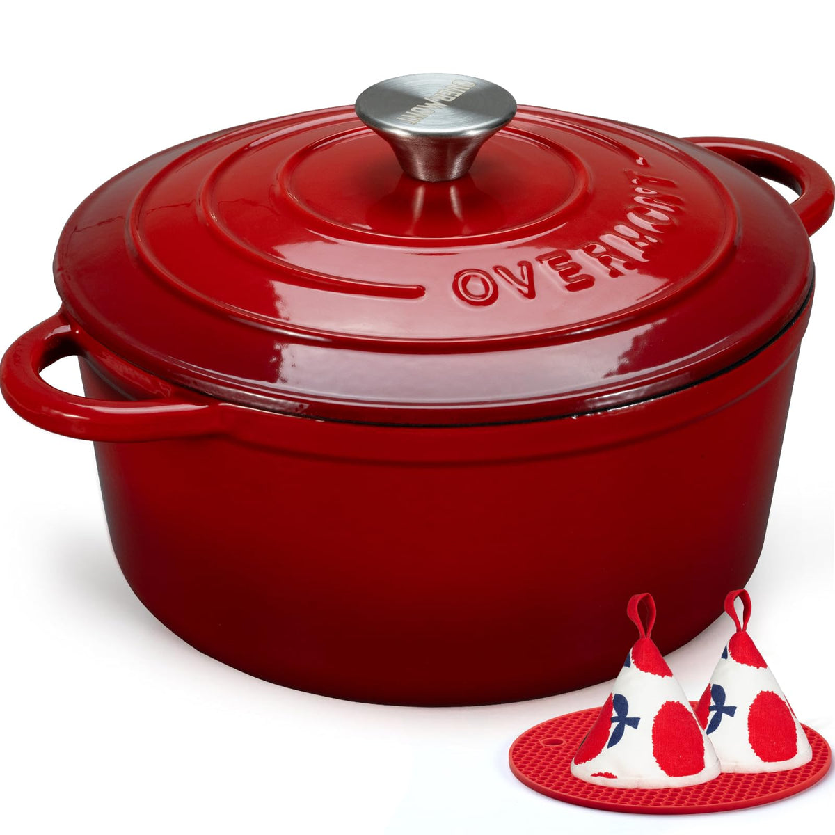Overmont Enameled Cast Iron Dutch Oven - 5.5QT Pot with Lid Cookbook & Cotton Potholders - Heavy-Duty Cookware for Braising, Stews, Roasting, Bread Baking
