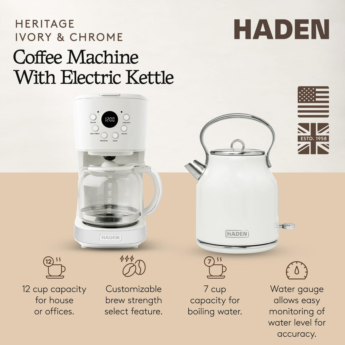 HADEN 12 Cup Programmable Coffee Maker & Heritage 1.7L Electric Tea Kettle