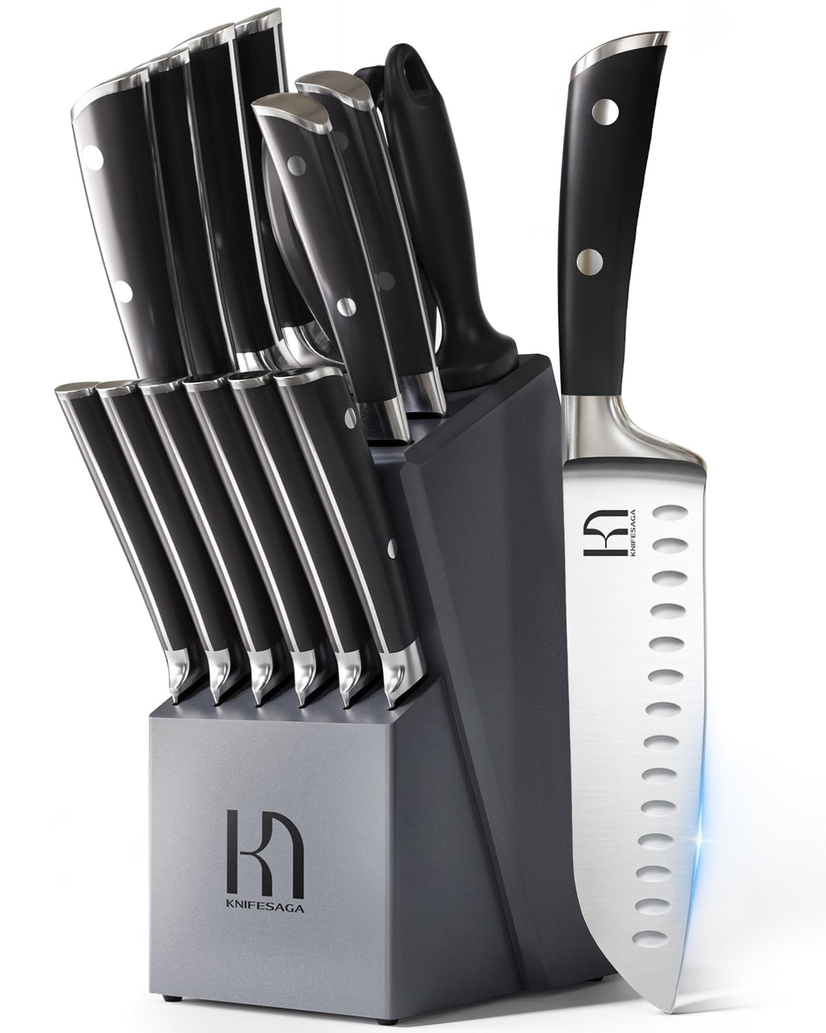 Knife Set, Premium 15 Piece Japanese High Carbon Stainless Steel Knives Set for Kitchen with Block and Sharpener, Razor Sharp Kitchen Knife Block Sets with Ergonomic Full-tang Handle