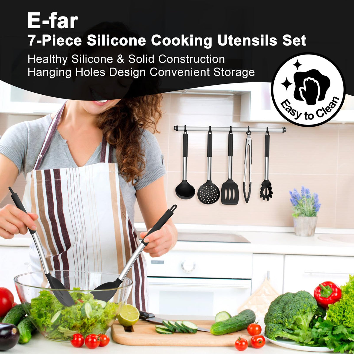 E-far 7/14/30 Pieces Black/Red/Gray/Khaki/White/Pink Silicone Kitchen Utensils Set