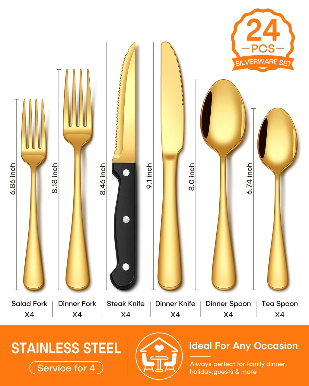 EUIRIO 24Pcs Silverware Set with Steak Knives, Flatware Cutlery Set for 4