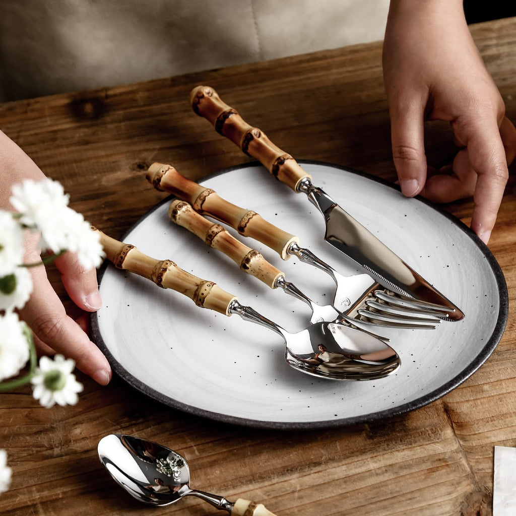 Cutlery set Stainless Steel Knife Fork, Bamboo Knives Forks 20 ltems for 4 Persons Silverware Set，Stainless Flatware Sets Steak