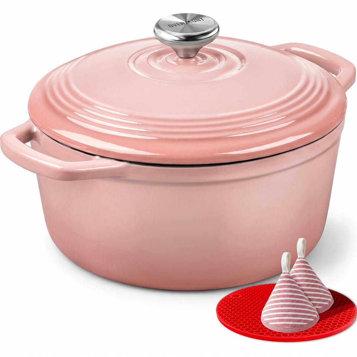 Overmont Enameled Cast Iron Dutch Oven - 5.5QT Pot with Lid Cookbook & Cotton Potholders - Heavy-Duty Cookware for Braising, Stews, Roasting, Bread Baking