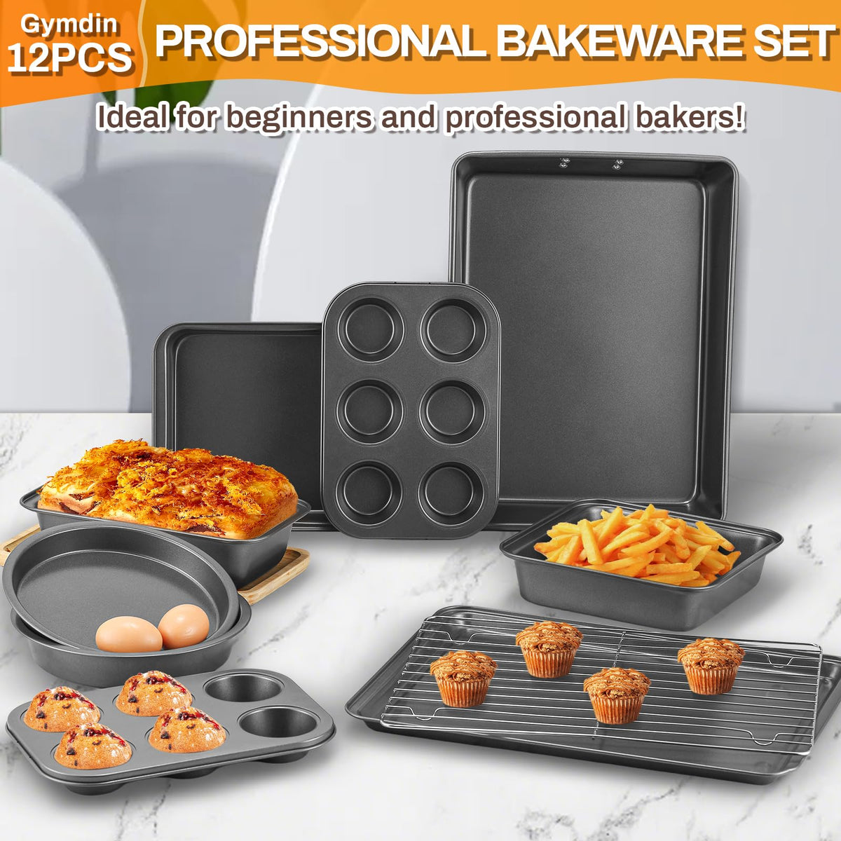 Gymdin 12PCS Nonstick Bakeware Set, Non-Toxic Carbon Steel Baking Pans Set with Wider Grip, Includes Roasting Pan, Cookie Sheet, Cake Pans, Muffin Pans, Cooling Rack, Oven Mitts, Easy Release