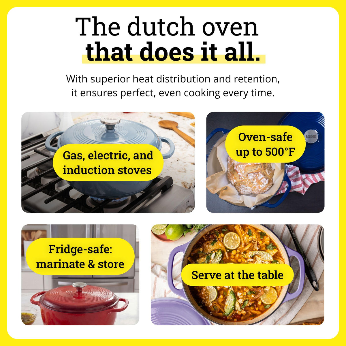 Lodge Essential Enamel Cast Iron Dutch Oven 6 Quarts - Perfect for Bread Baking, Braising, Marinating & Slow Cooking, Features Moisture-Sealing Lid & Dual Handles, Kitchen Essentials, Midnight Chrome