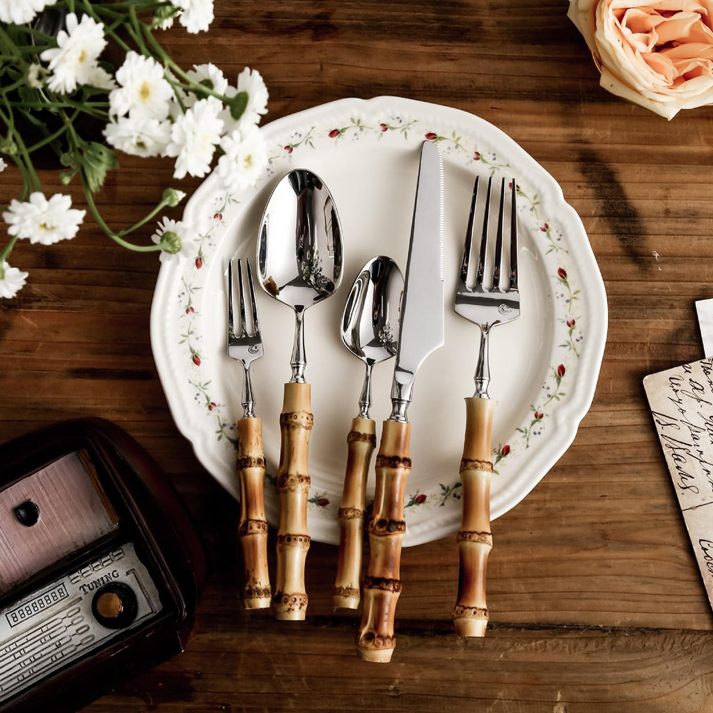 Cutlery set Stainless Steel Knife Fork, Bamboo Knives Forks 20 ltems for 4 Persons Silverware Set，Stainless Flatware Sets Steak