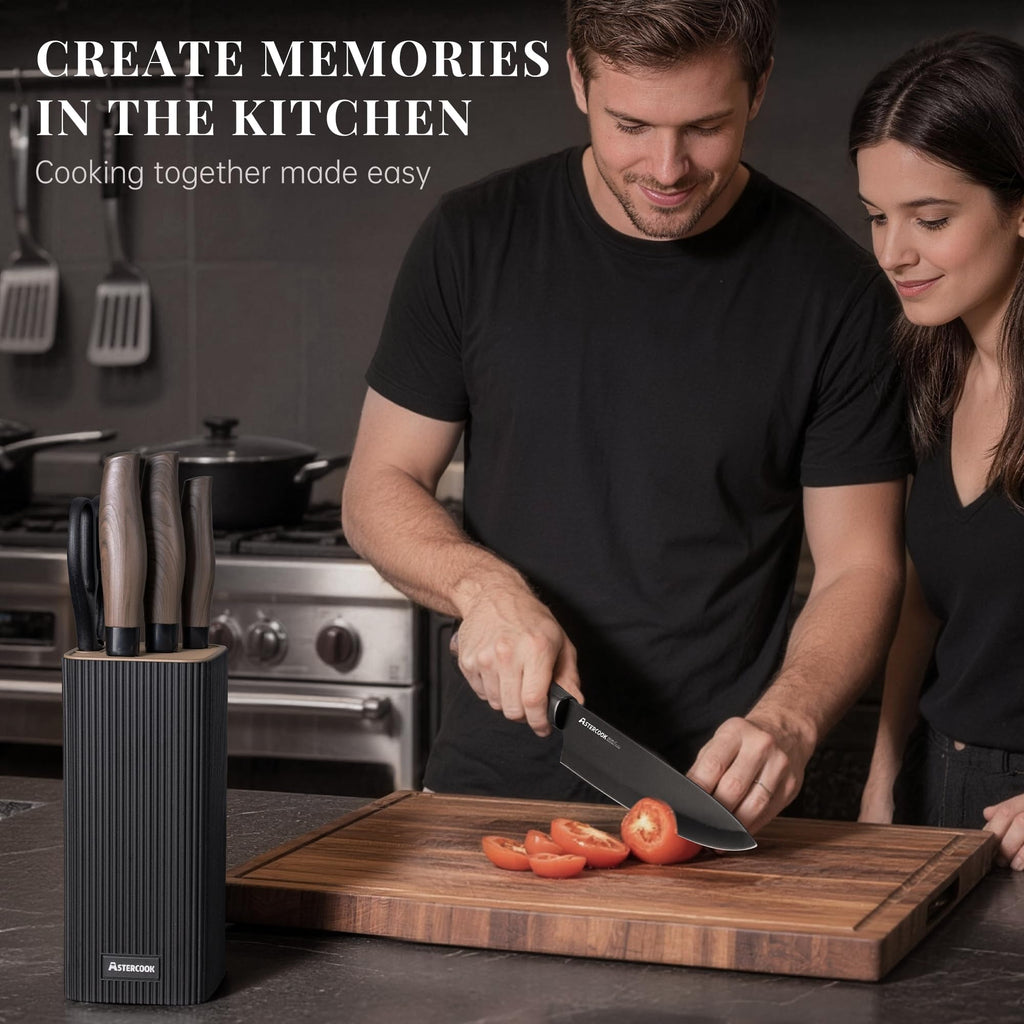 Astercook Knife Set, 6-Piece Kitchen Knife Set with Block, High Carbon Stainless Steel Ultra Sharp Kitchen Knives, Wood Grain Handle, Dishwasher Safe Knife Block Set, Black